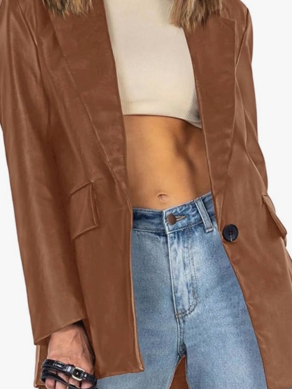 Brown Faux Leather Blazer Jacket